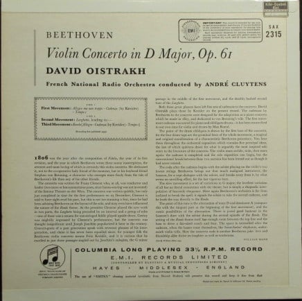 Ludwig Van Beethoven / David Oistrach, Orchestre National De France, André Cluytens : Violin Concerto (LP)