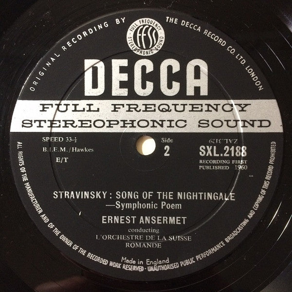 Igor Stravinsky - Ernest Ansermet, L'Orchestre De La Suisse Romande : Pulcinella Suite / Song Of The Nightingale  (LP, Album, ED1)