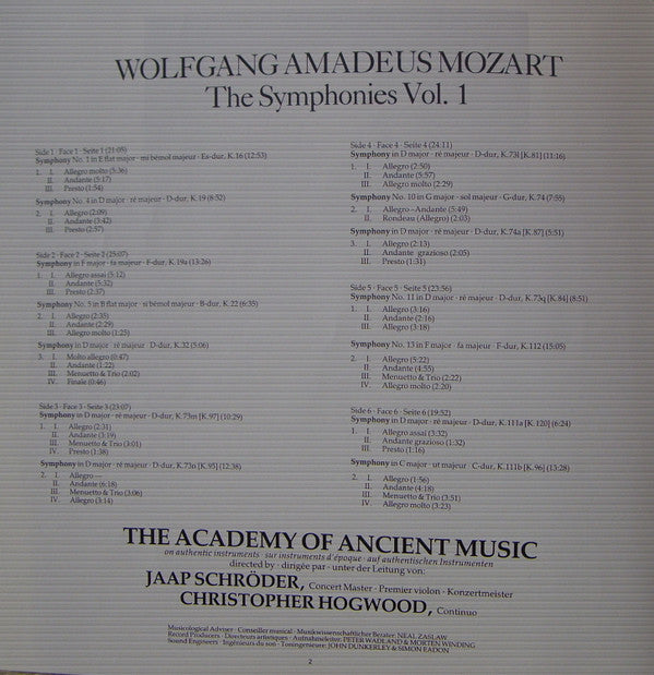 Wolfgang Amadeus Mozart - The Academy Of Ancient Music, Jaap Schröder, Christopher Hogwood : The Symphonies Vol. 1 (3xLP + Box, Album)