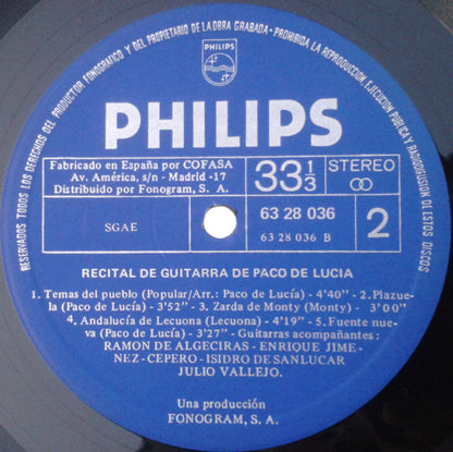 Paco De Lucía : Recital De Guitarra De Paco De Lucía (LP, Album)