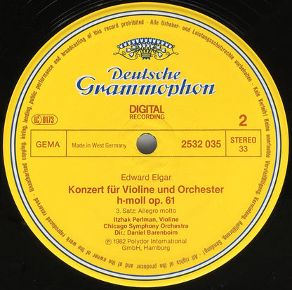 Sir Edward Elgar, Itzhak Perlman, Chicago Symphony Orchestra, Daniel Barenboim : Violin Concerto • Violinkonzert (LP, Album, Dig)