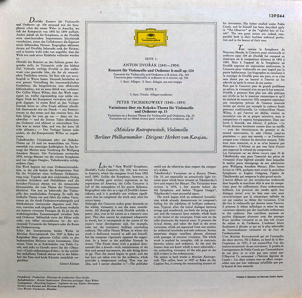 Antonín Dvořák / Pyotr Ilyich Tchaikovsky – Mstislav Rostropovich, Berliner Philharmoniker, Herbert von Karajan : Cellokonzert H-moll (In B Minor) / Rokoko-Variationen Op. 33 (LP, RE)