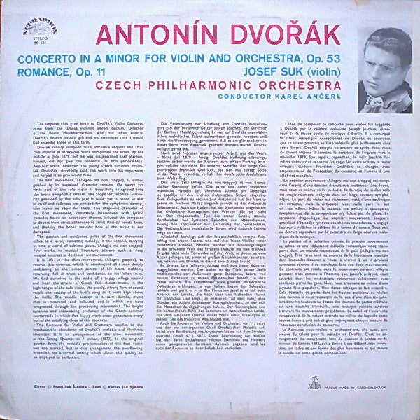 Antonín Dvořák - Josef Suk, The Czech Philharmonic Orchestra, Karel Ančerl : Violin Concerto, Romance For Violin (LP, Album, RP)