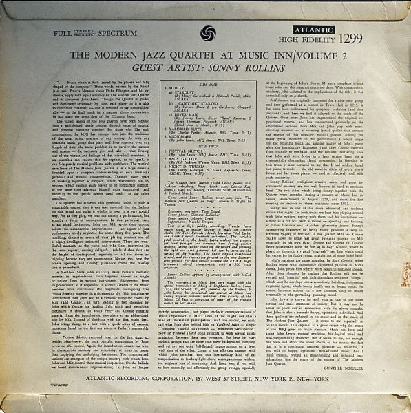 The Modern Jazz Quartet  Guest Artist: Sonny Rollins : The Modern Jazz Quartet At Music Inn /  Volume 2 (LP, Mono)