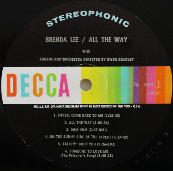 Brenda Lee With Orchestra And Chorus Directed By Owen Bradley : All The Way (LP, Album, RP)