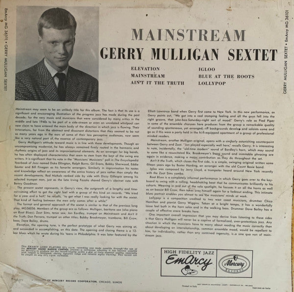 Gerry Mulligan And His Sextet : Mainstream Of Jazz (LP, Album, Mono)