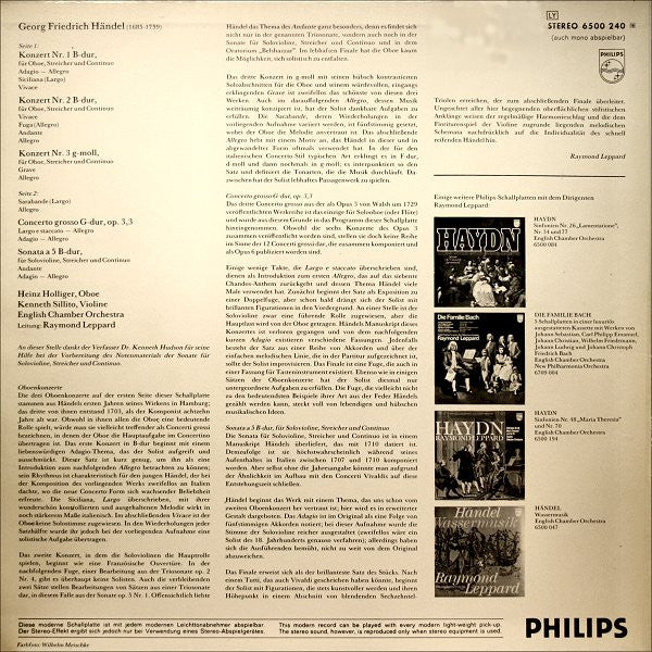 Georg Friedrich Händel, Heinz Holliger, English Chamber Orchestra, Kenneth Sillito, Raymond Leppard : 3 Oboenkonzerte / Concerto Grosso Op. 3,3 / Sonate B-dur, Für Solovioline Und Streicher (LP)