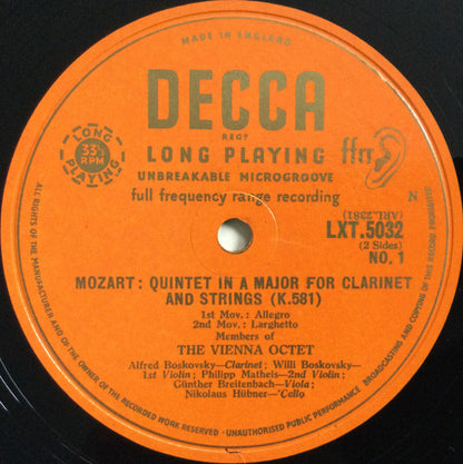 Wolfgang Amadeus Mozart, Mitglieder Des Wiener Oktetts : Quintet In A Major For Clarinet And Strings (K.581) (LP, Mono, Gol)