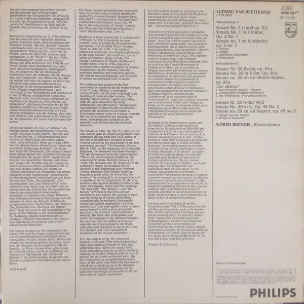 Alfred Brendel, Ludwig van Beethoven : Klaviersonaten/Piano Sonatas, Op. 2/1, Op. 81a, & Op. 49/2 (LP)