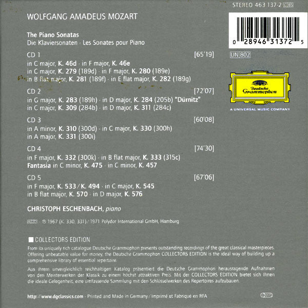 Wolfgang Amadeus Mozart, Christoph Eschenbach : The Piano Sonatas (5xCD, Comp, RE + Box, RE, Cla)