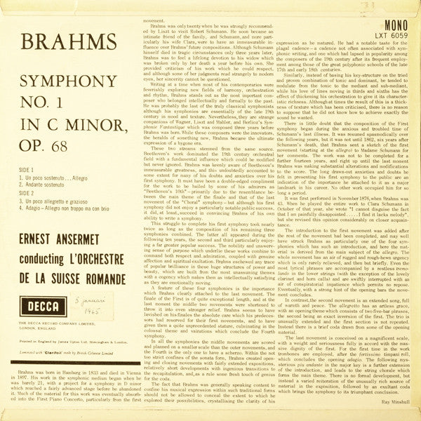 Johannes Brahms, Ernest Ansermet ∙ L'Orchestre De La Suisse Romande : First Symphony (LP, Album, Mono)