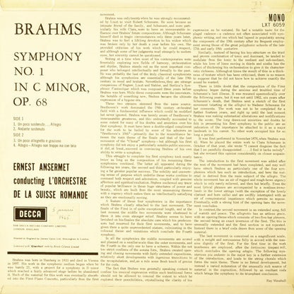 Johannes Brahms, Ernest Ansermet ∙ L'Orchestre De La Suisse Romande : First Symphony (LP, Album, Mono)