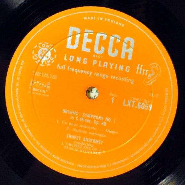 Johannes Brahms, Ernest Ansermet ∙ L'Orchestre De La Suisse Romande : First Symphony (LP, Album, Mono)