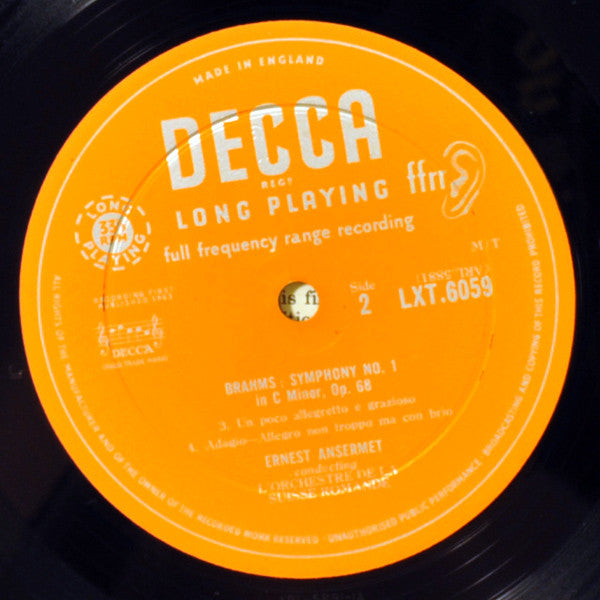 Johannes Brahms, Ernest Ansermet ∙ L'Orchestre De La Suisse Romande : First Symphony (LP, Album, Mono)