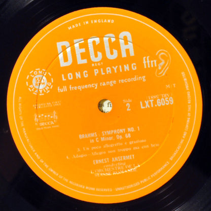 Johannes Brahms, Ernest Ansermet ∙ L'Orchestre De La Suisse Romande : First Symphony (LP, Album, Mono)