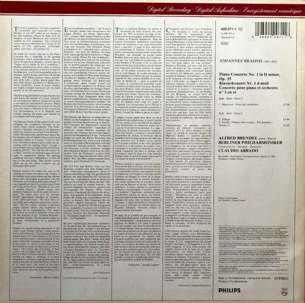 Johannes Brahms - Alfred Brendel - Claudio Abbado - Berliner Philharmoniker : Piano Concerto / Klavierkonzert Nr.1 (LP, Album)