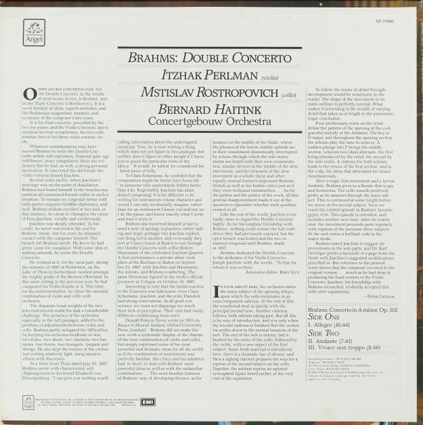 Johannes Brahms, Itzhak Perlman, Mstislav Rostropovich, Bernard Haitink, Concertgebouworkest : Double Concerto (LP, Album)