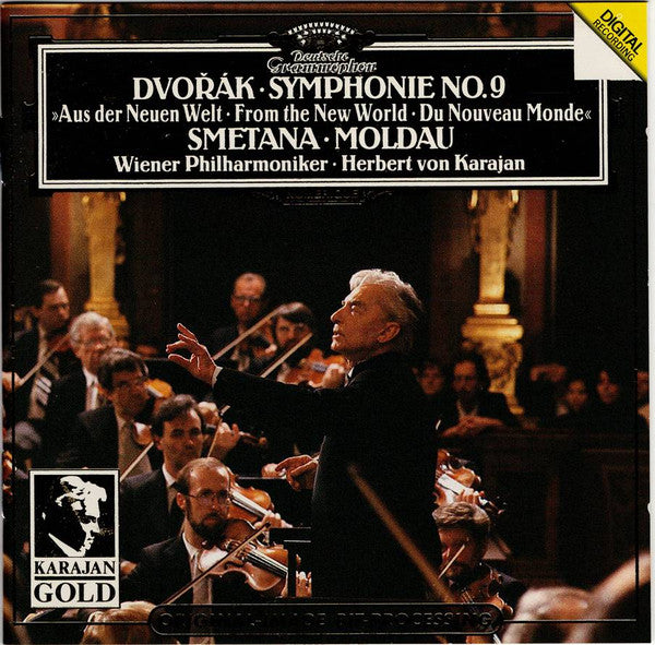 Antonín Dvořák, Bedřich Smetana, Wiener Philharmoniker, Herbert von Karajan : Dvořák: Symphonie No. 9 »Aus Der Neuen Welt = From The New World = Du Nouveau Monde« / Smetana: Moldau (CD, Album, RE, RM, Gol)