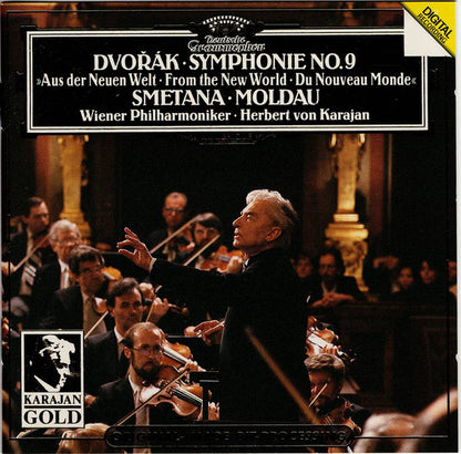 Antonín Dvořák, Bedřich Smetana, Wiener Philharmoniker, Herbert von Karajan : Dvořák: Symphonie No. 9 »Aus Der Neuen Welt = From The New World = Du Nouveau Monde« / Smetana: Moldau (CD, Album, RE, RM, Gol)