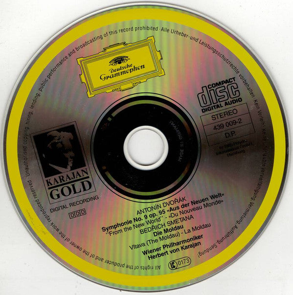 Antonín Dvořák, Bedřich Smetana, Wiener Philharmoniker, Herbert von Karajan : Dvořák: Symphonie No. 9 »Aus Der Neuen Welt = From The New World = Du Nouveau Monde« / Smetana: Moldau (CD, Album, RE, RM, Gol)