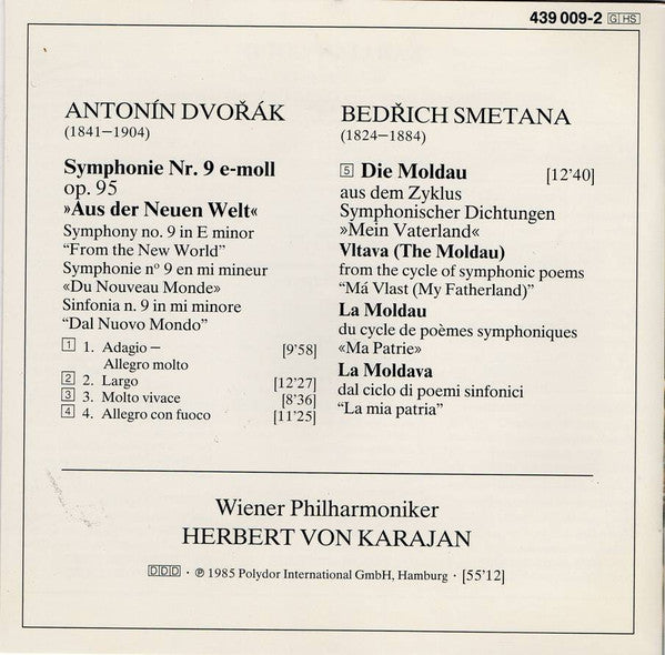 Antonín Dvořák, Bedřich Smetana, Wiener Philharmoniker, Herbert von Karajan : Dvořák: Symphonie No. 9 »Aus Der Neuen Welt = From The New World = Du Nouveau Monde« / Smetana: Moldau (CD, Album, RE, RM, Gol)