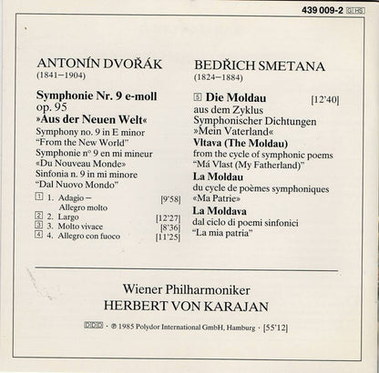 Antonín Dvořák, Bedřich Smetana, Wiener Philharmoniker, Herbert von Karajan : Dvořák: Symphonie No. 9 »Aus Der Neuen Welt = From The New World = Du Nouveau Monde« / Smetana: Moldau (CD, Album, RE, RM, Gol)
