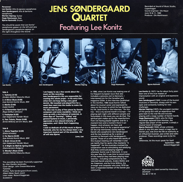 Jens Søndergaard Quartet Featuring Lee Konitz : Konitz In Denmark '89 (LP, Album)