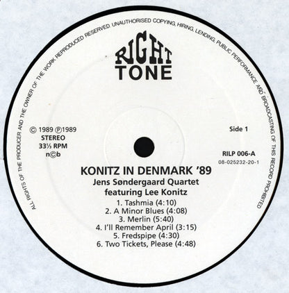 Jens Søndergaard Quartet Featuring Lee Konitz : Konitz In Denmark '89 (LP, Album)