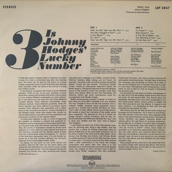Johnny Hodges : Triple Play (LP)