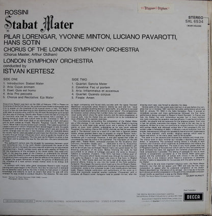 Gioacchino Rossini - Pilar Lorengar, Yvonne Minton, Luciano Pavarotti, Hans Sotin, London Symphony Orchestra And London Symphony Chorus, István Kertész : Stabat Mater (LP)