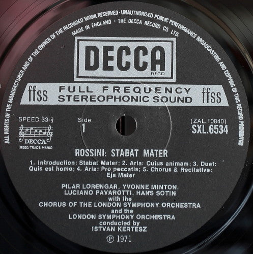 Gioacchino Rossini - Pilar Lorengar, Yvonne Minton, Luciano Pavarotti, Hans Sotin, London Symphony Orchestra And London Symphony Chorus, István Kertész : Stabat Mater (LP)