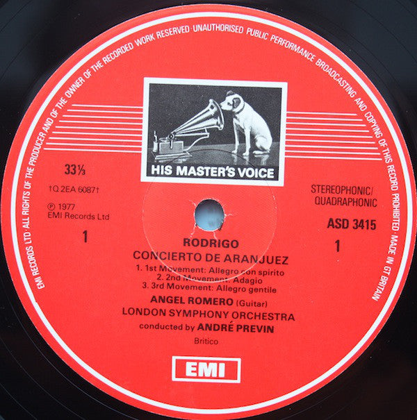 Joaquín Rodrigo, Angel Romero (2), London Symphony Orchestra, André Previn : Concierto De Aranjuez / Fantasía Para Un Gentilhombre (LP, Quad)