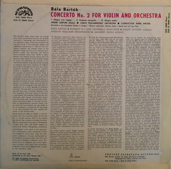 Béla Bartók, André Gertler, The Czech Philharmonic Orchestra ∙  Karel Ančerl : Violin Concerto No. 2 (LP)