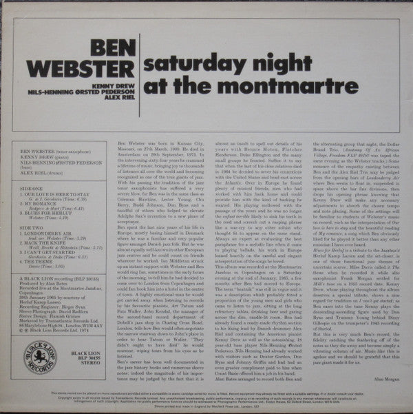 Ben Webster : Saturday Night At The Montmartre (LP, Album)