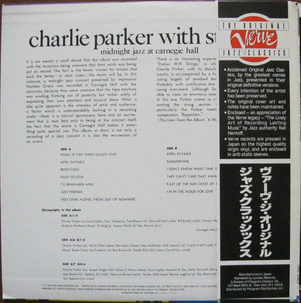 Charlie Parker With Strings : Midnight Jazz At Carnegie Hall (LP, Album, Mono, RE)