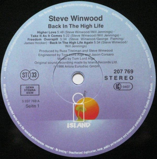 Steve Winwood : Back In The High Life (LP, Album)