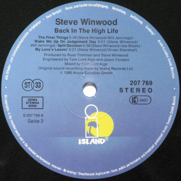 Steve Winwood : Back In The High Life (LP, Album)