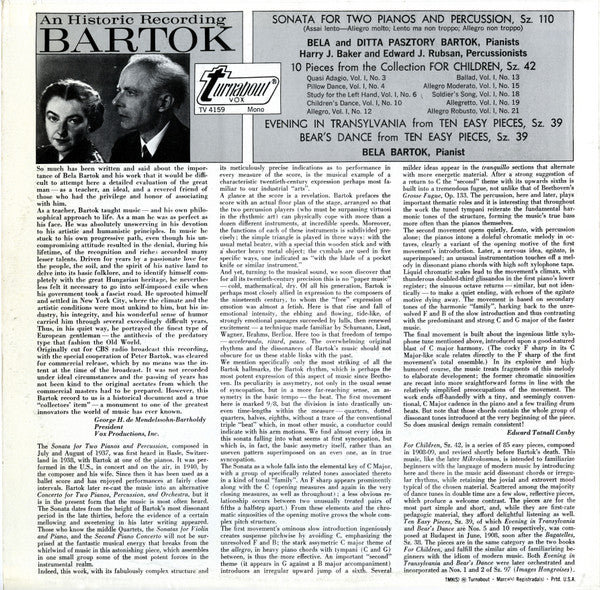 Béla Bartók & Ditta Pásztory-Bartók, Harry J. Baker & Edward J. Rubsan : Bartok Plays Bartok (LP, Mono)