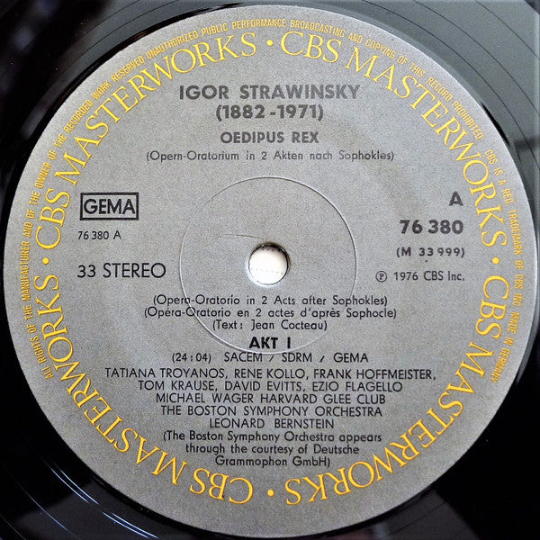 Igor Stravinsky - Leonard Bernstein, Tatiana Troyanos, René Kollo, Boston Symphony Orchestra : Oedipus Rex (LP, Gat)