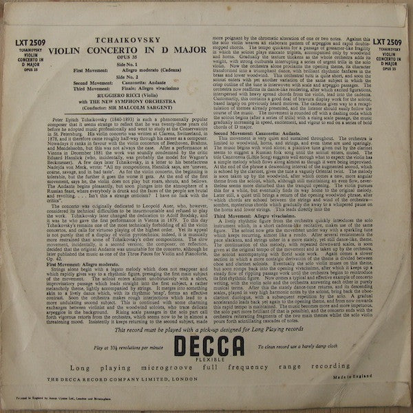 Pyotr Ilyich Tchaikovsky - Ruggiero Ricci, The New Symphony Orchestra Of London Conducted By Sir Malcolm Sargent : Concerto For Violin In D Major, Opus 35 (LP, Mono)