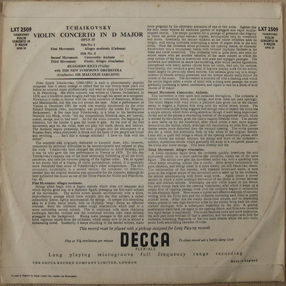 Pyotr Ilyich Tchaikovsky - Ruggiero Ricci, The New Symphony Orchestra Of London Conducted By Sir Malcolm Sargent : Concerto For Violin In D Major, Opus 35 (LP, Mono)