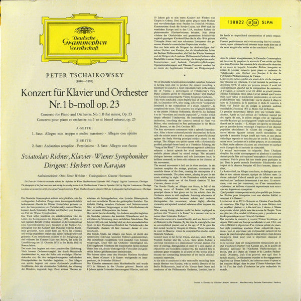 Pyotr Ilyich Tchaikovsky, Sviatoslav Richter, Herbert Von Karajan, Wiener Symphoniker : Klavierkonzert Nr. 1 B-Moll (LP, RE)