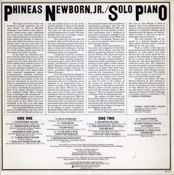 Phineas Newborn Jr. : Solo Piano (LP, Album, PR )