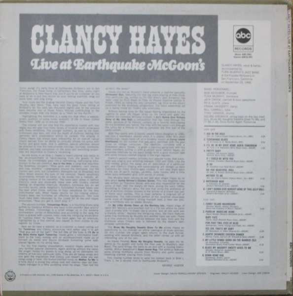 Clancy Hayes : Live At Earthquake McGoon's (LP, Album)