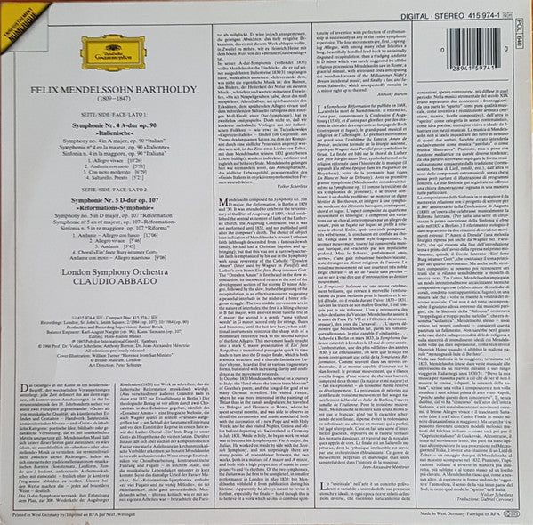 Felix Mendelssohn-Bartholdy, London Symphony Orchestra, Claudio Abbado : Symphonien 4 & 5 (LP)