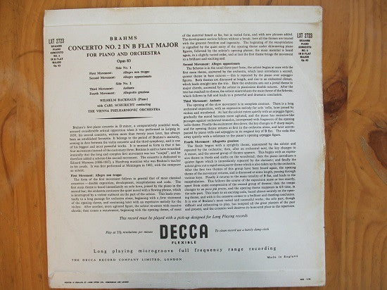 Johannes Brahms - Wilhelm Backhaus With Carl Schuricht Conducting Wiener Philharmoniker : Concerto No. 2 In B Flat Major For Piano & Orchestra ∙ Opus 83 (LP, Mono)