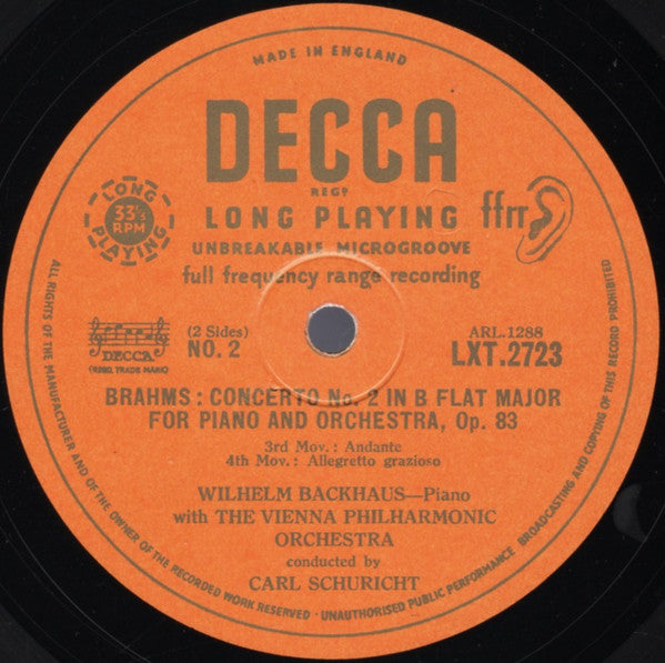 Johannes Brahms - Wilhelm Backhaus With Carl Schuricht Conducting Wiener Philharmoniker : Concerto No. 2 In B Flat Major For Piano & Orchestra ∙ Opus 83 (LP, Mono)