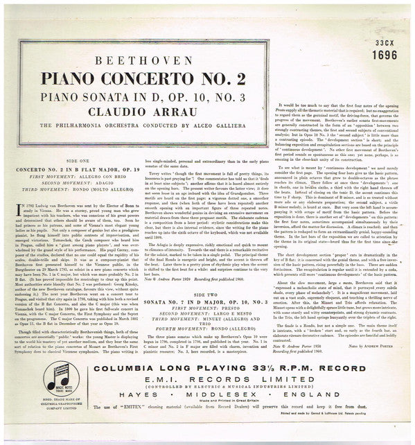 Ludwig van Beethoven - Claudio Arrau, Philharmonia Orchestra Conducted By Alceo Galliera : Beethoven Piano Concerto No.2 / Piano Sonata In D. Op. 10, No. 3. (LP, Album, Mono)