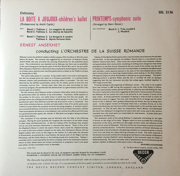 Claude Debussy - Ernest Ansermet, L'Orchestre De La Suisse Romande : La Boite A Joujoux / Printemps (LP, RE)