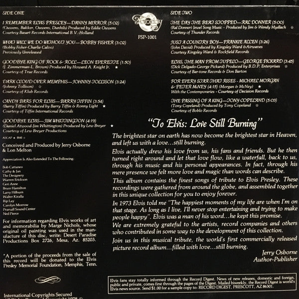 Various : To Elvis: Love Still Burning (LP, Comp, Pic, RP)